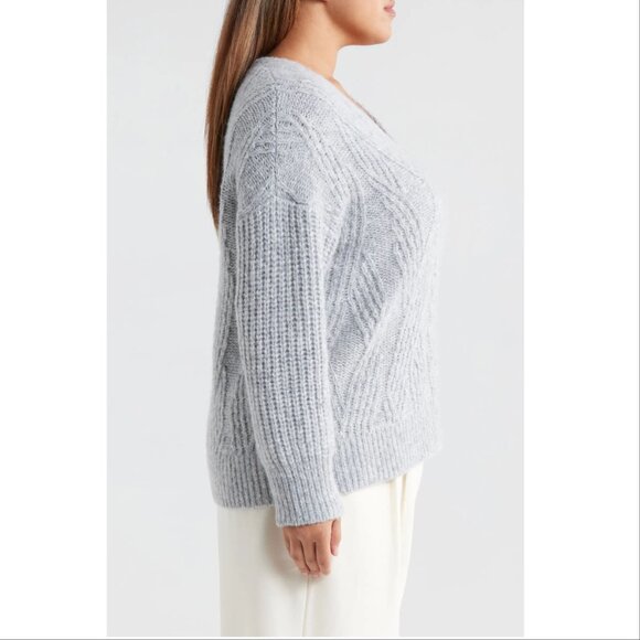 NORDSTROM Alpaca Wool Blend V-Neck Pullover Sweater Size 2X Grey Cable Knit NEW - Picture 4 of 9